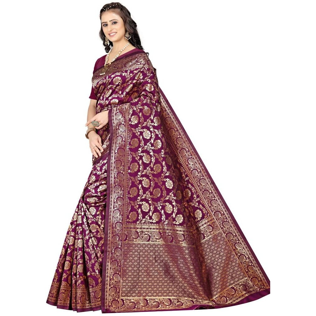 C J Enterprise Womens Pure Soft Kanjivaram Silk Saree Banarasi Design Wear kanchipuram Pattu Sarees Latest Party Cotton Sari With Blouse Piece for Wedding sadi new ladies 2023 2024 (Pari164 Purple)