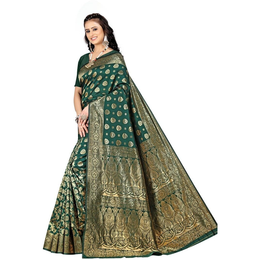Sugathari Womens Banarasi Saree Pure Kanjivaram Silk Saree Soft new ladies 2023 Design Wear Pattu Sarees Latest Party Sari collections With Blouse Piece for Wedding sadi (SAM PARI-161 DARK GREEN)