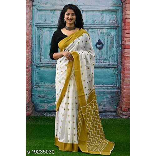 Jalther Handicrafts Womens Ikat Hand Block Print Jaipuri Cotton Mulmul Saree with Blouse Piece - White