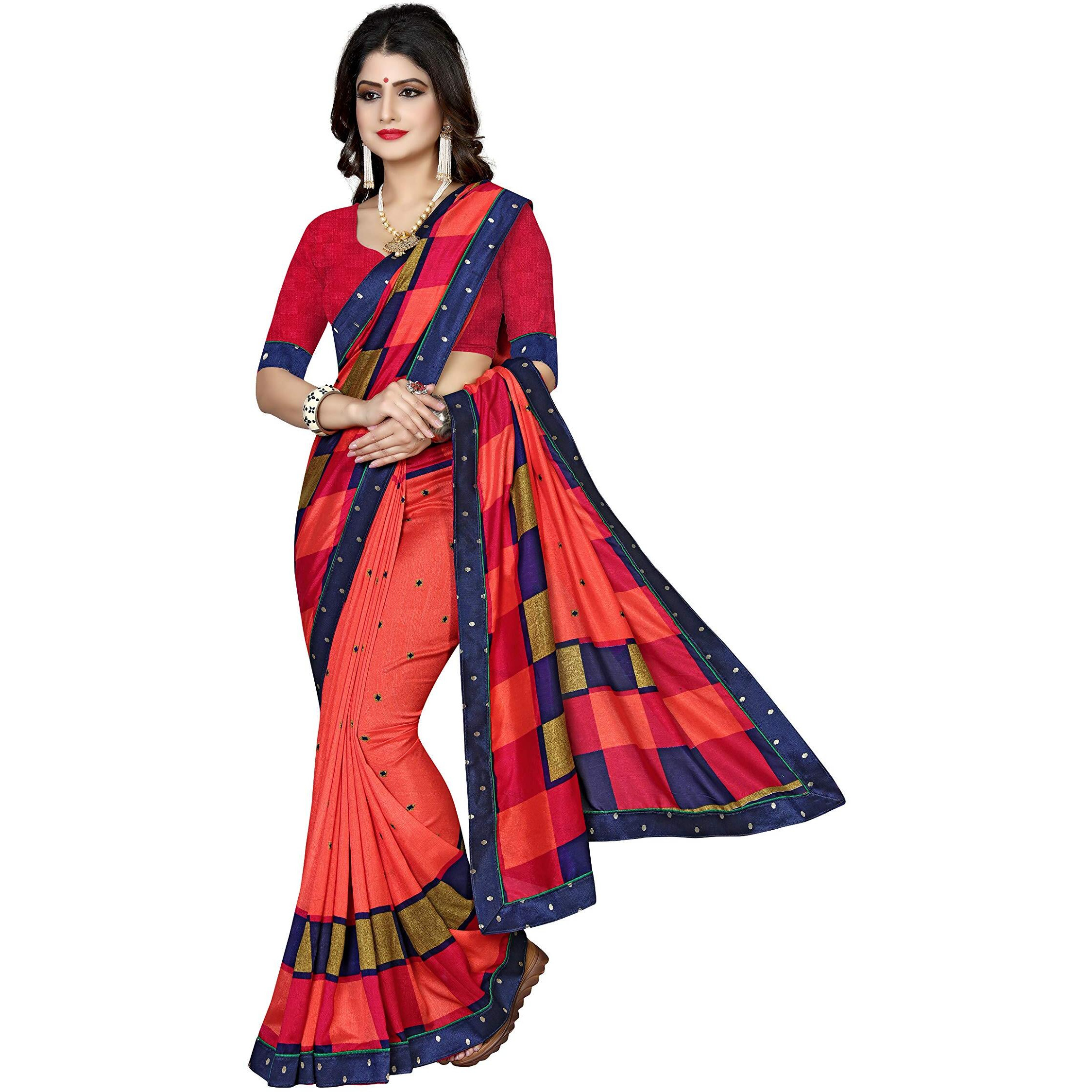 Oomph Womens Linen Silk Blend Printed Kalamkari Sarees with Tassles - Coral Red & Navy Blue