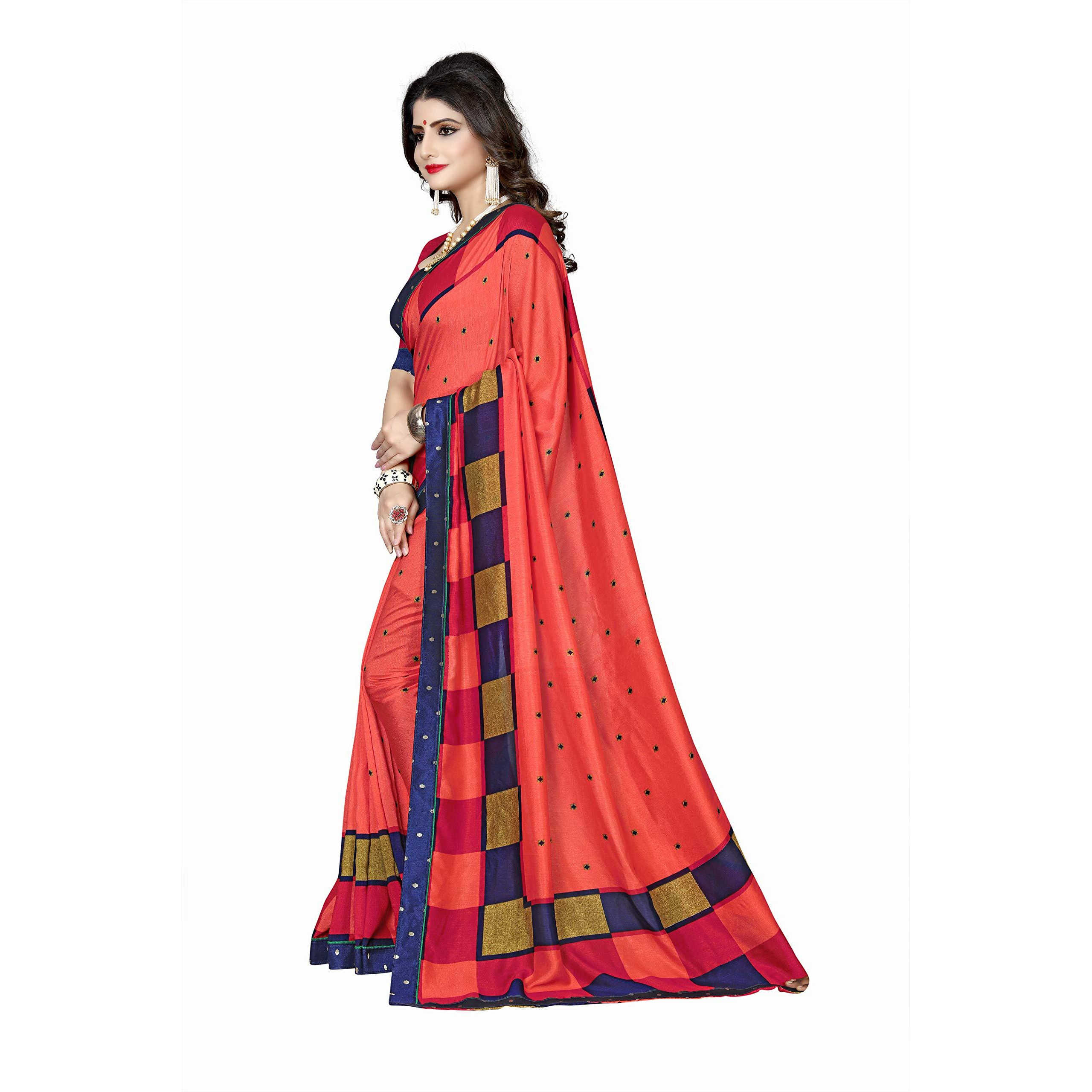 Oomph Womens Linen Silk Blend Printed Kalamkari Sarees with Tassles - Coral Red & Navy Blue