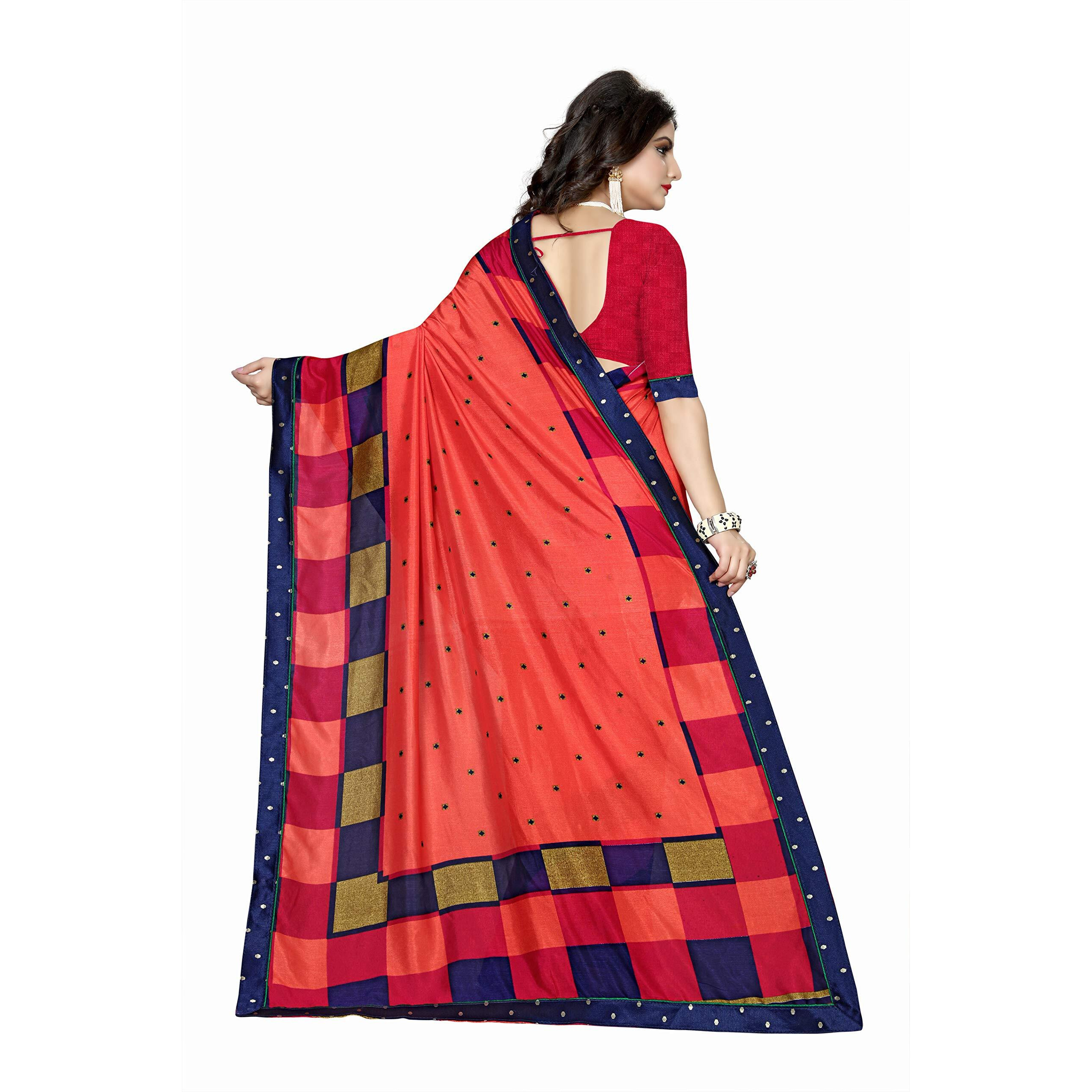 Oomph Womens Linen Silk Blend Printed Kalamkari Sarees with Tassles - Coral Red & Navy Blue