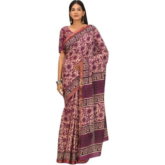JALTHER Handicrafts Womens Ikat Hand Block Print Jaipuri Cotton Mulmul Saree Zari Border with Blouse Piece_Pink_35