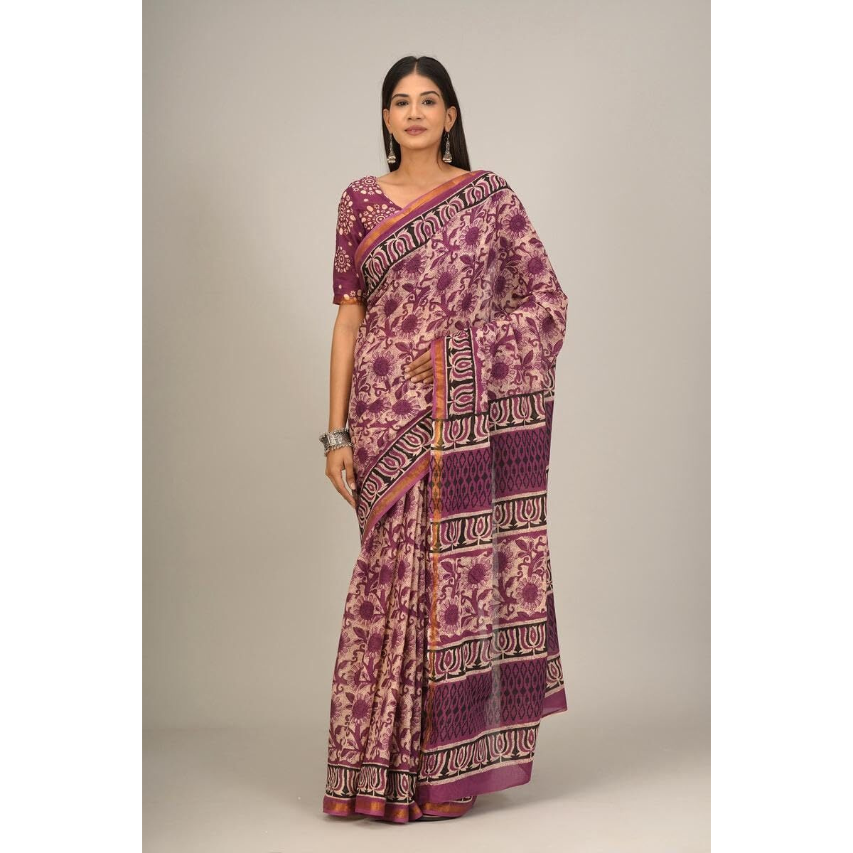 JALTHER Handicrafts Womens Ikat Hand Block Print Jaipuri Cotton Mulmul Saree Zari Border with Blouse Piece_Pink_35