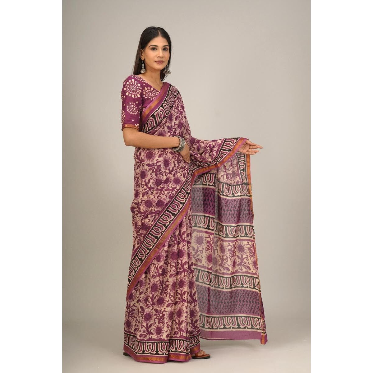 JALTHER Handicrafts Womens Ikat Hand Block Print Jaipuri Cotton Mulmul Saree Zari Border with Blouse Piece_Pink_35