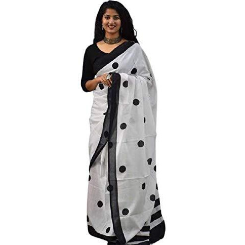 Jalther Handicrafts Womens Ikat Hand Block Print Jaipuri Cotton Mulmul Saree with Blouse Piece - White