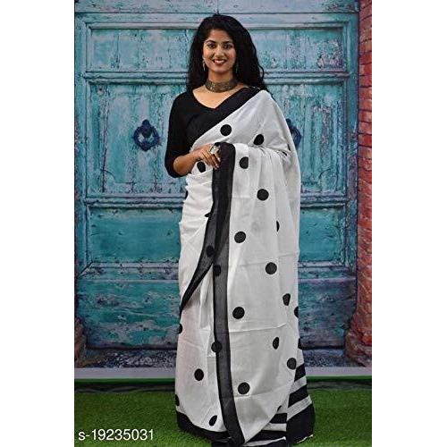 Jalther Handicrafts Womens Ikat Hand Block Print Jaipuri Cotton Mulmul Saree with Blouse Piece - White