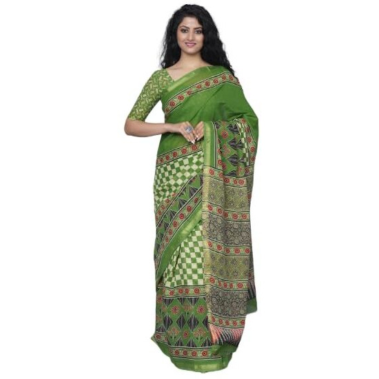 JALTHER Handicrafts Womens Ikat Hand Block Print Jaipuri Cotton Mulmul Saree Zari Border with Blouse Piece_Green_21