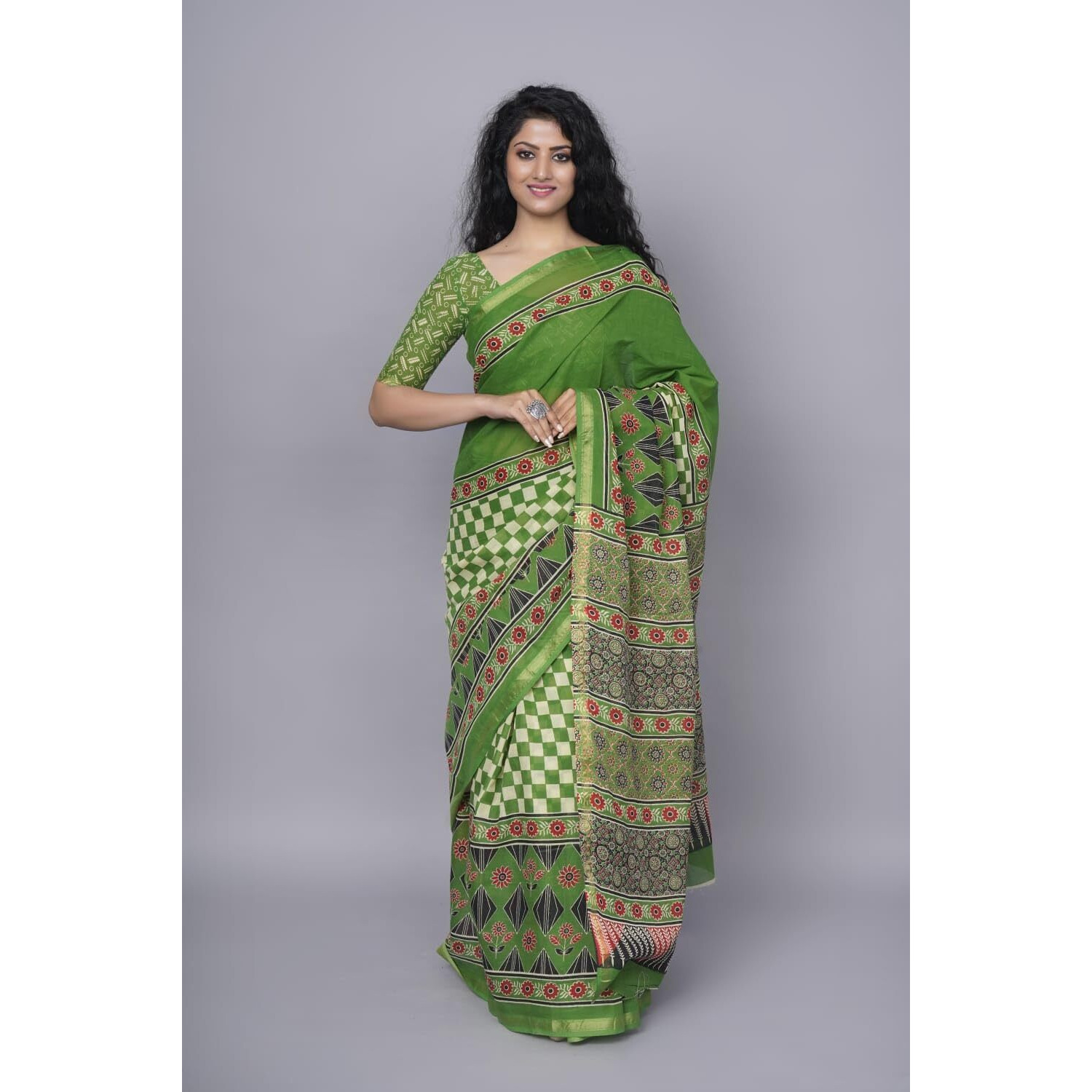 JALTHER Handicrafts Womens Ikat Hand Block Print Jaipuri Cotton Mulmul Saree Zari Border with Blouse Piece_Green_21