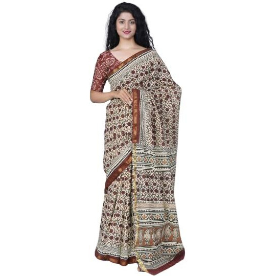 JALTHER Handicrafts Womens Ikat Hand Block Print Jaipuri Cotton Mulmul Saree Zari Border with Blouse Piece_Brown_16