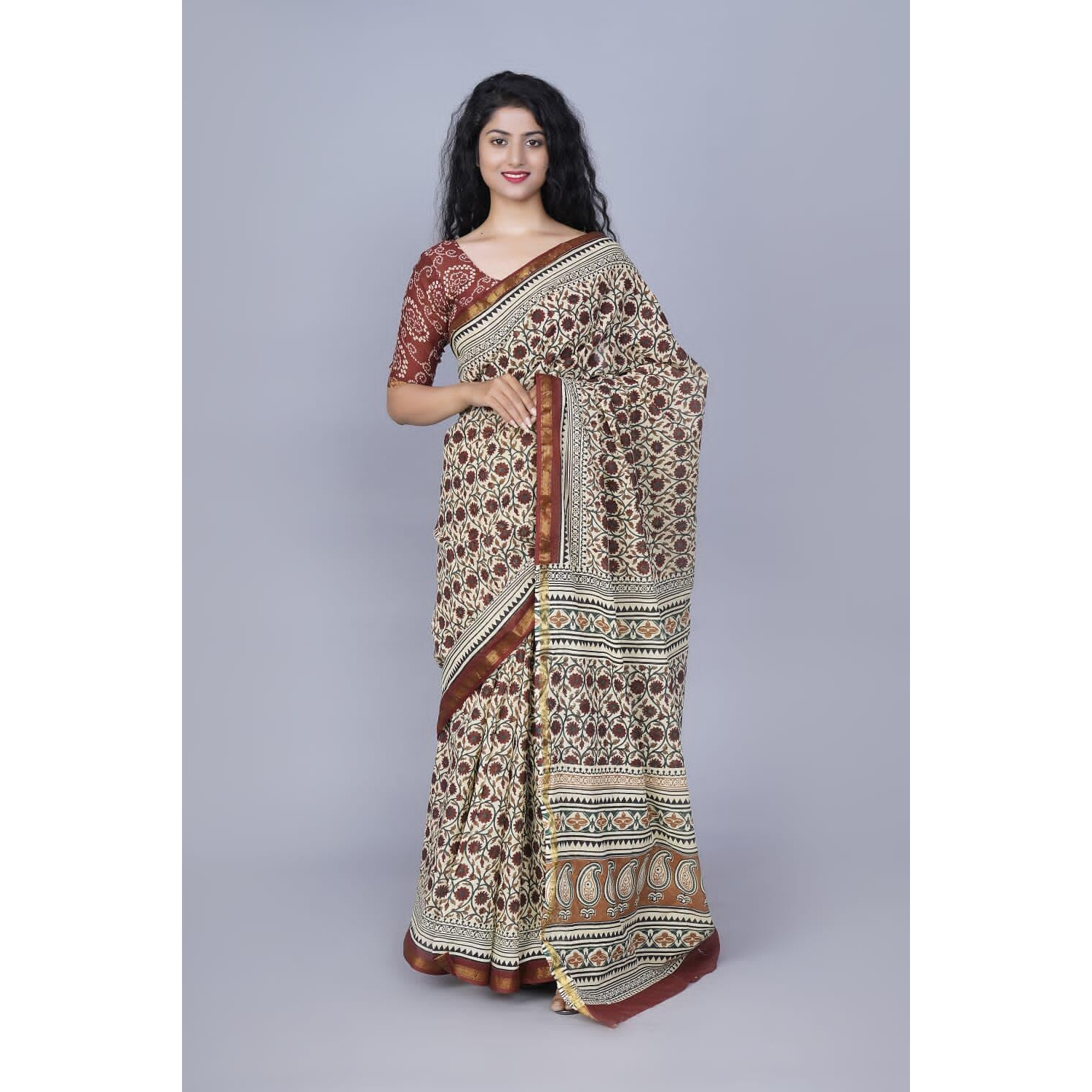 JALTHER Handicrafts Womens Ikat Hand Block Print Jaipuri Cotton Mulmul Saree Zari Border with Blouse Piece_Brown_16
