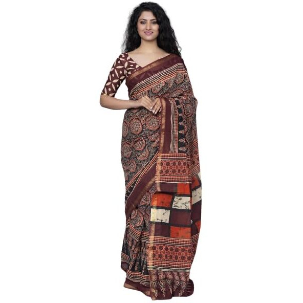 JALTHER Handicrafts Womens Ikat Hand Block Print Jaipuri Cotton Mulmul Saree Zari Border with Blouse Piece_aroon_22