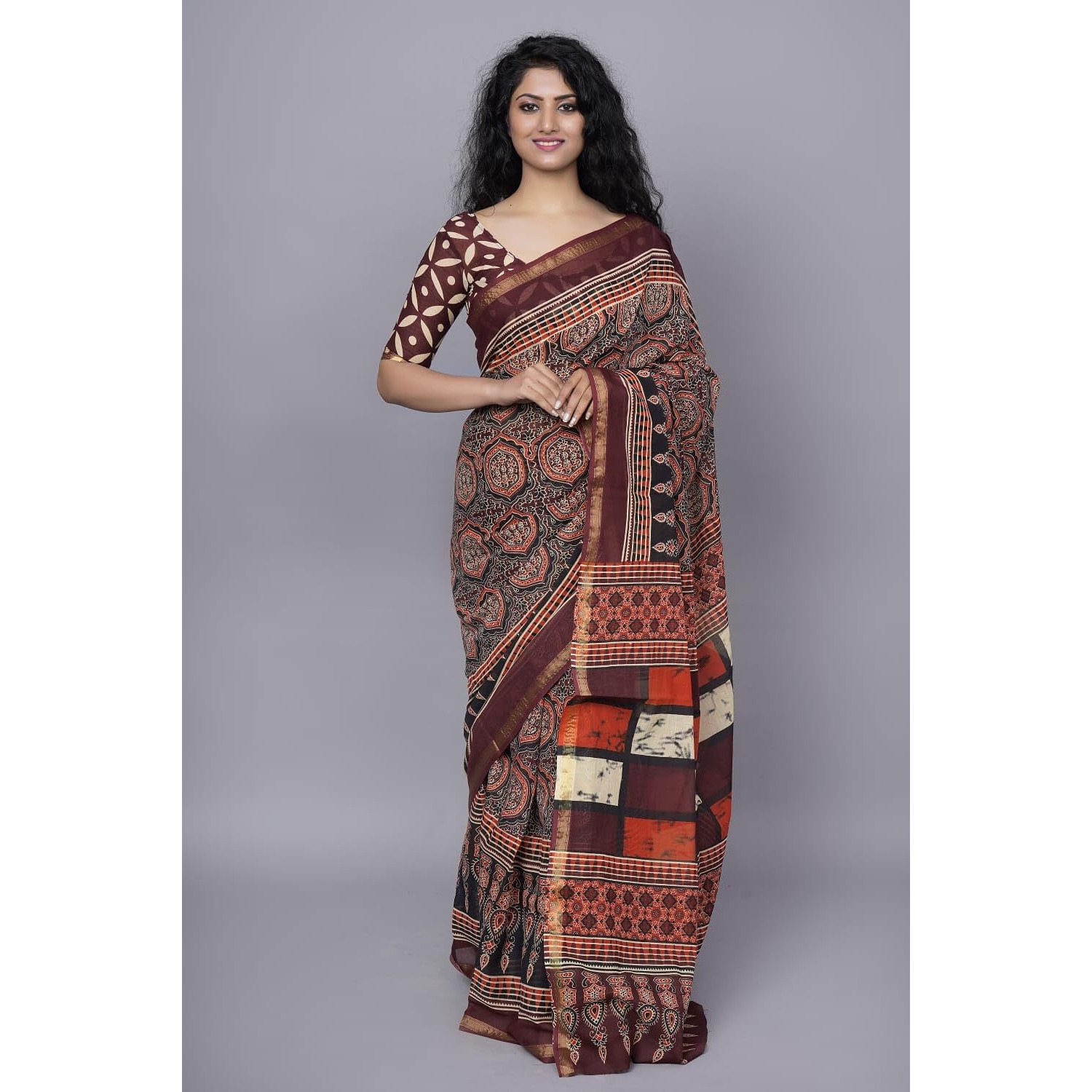 JALTHER Handicrafts Womens Ikat Hand Block Print Jaipuri Cotton Mulmul Saree Zari Border with Blouse Piece_aroon_22