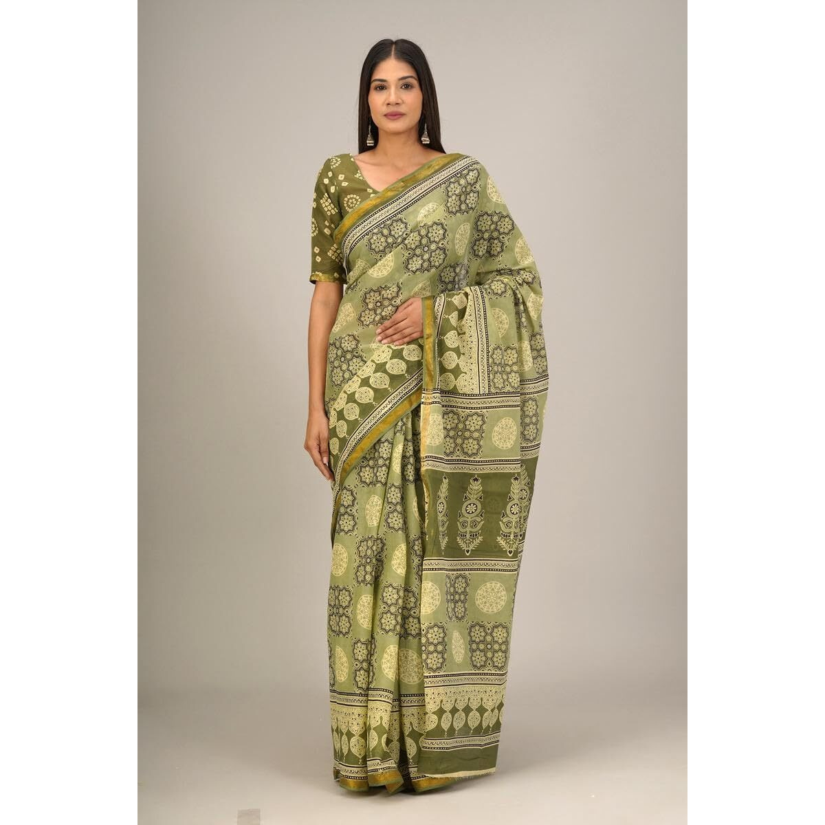 JALTHER Handicrafts Womens Ikat Hand Block Print Jaipuri Cotton Mulmul Saree Zari Border with Blouse Piece_Green_31