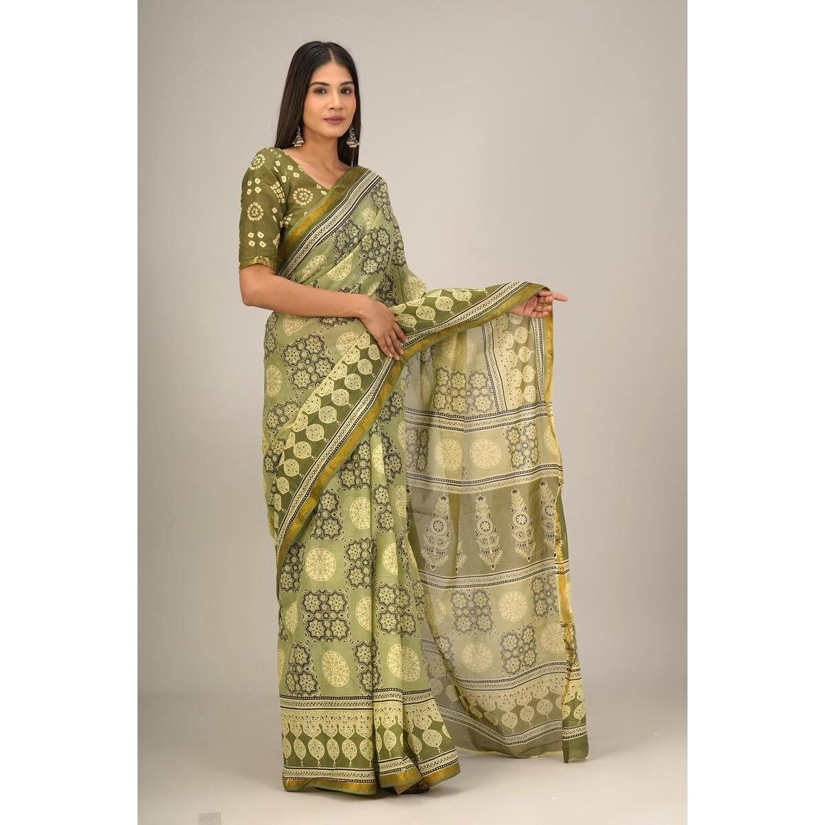 JALTHER Handicrafts Womens Ikat Hand Block Print Jaipuri Cotton Mulmul Saree Zari Border with Blouse Piece_Green_31
