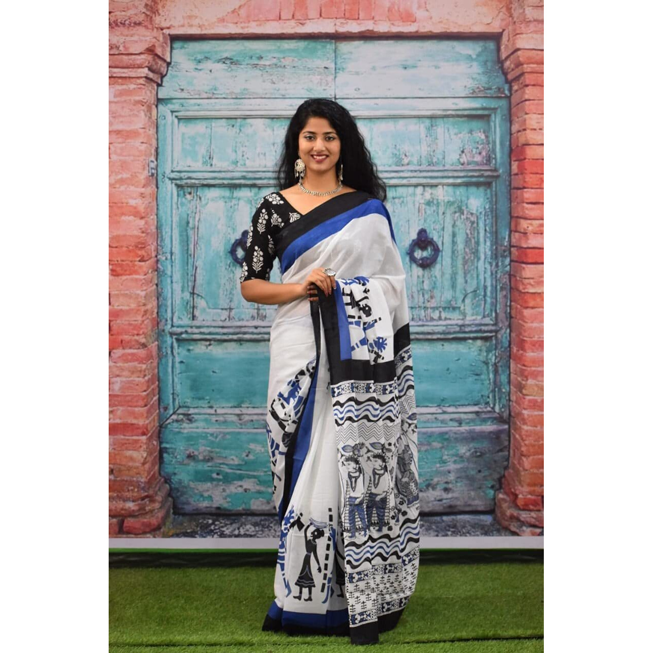 JALTHER Handicrafts Womens Ikat Hand Block Print Jaipuri Cotton Mulmul Saree with Blouse Piece -Blue_Sup332