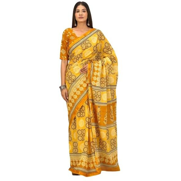 JALTHER Handicrafts Womens Ikat Hand Block Print Jaipuri Cotton Mulmul Saree Zari Border with Blouse Piece_Yellow_36