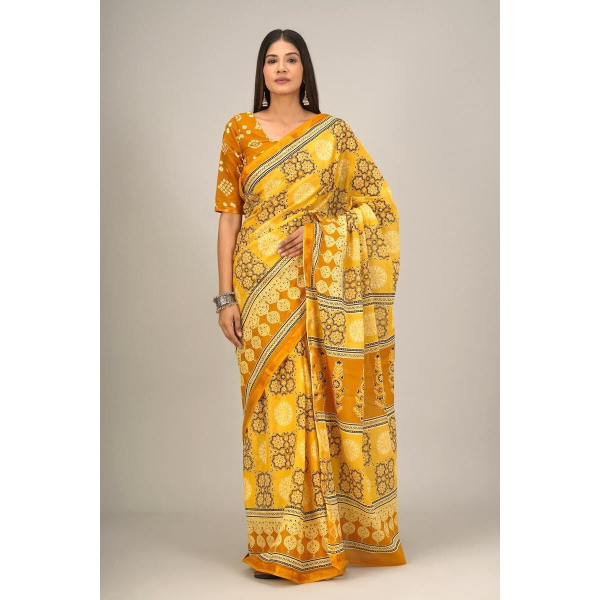 JALTHER Handicrafts Womens Ikat Hand Block Print Jaipuri Cotton Mulmul Saree Zari Border with Blouse Piece_Yellow_36