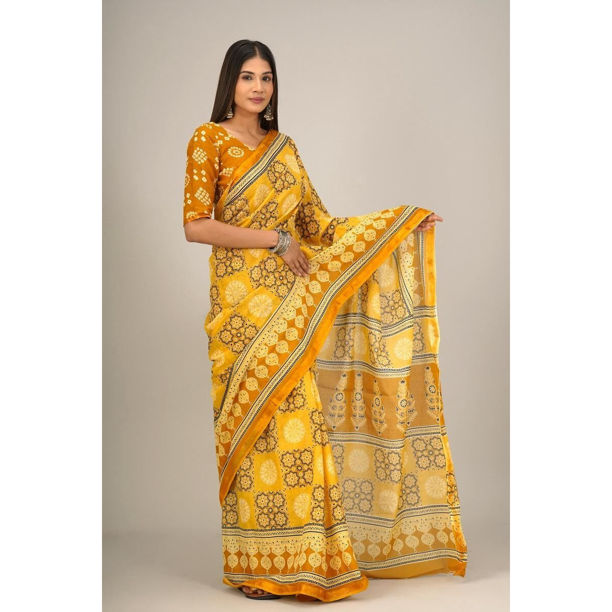 JALTHER Handicrafts Womens Ikat Hand Block Print Jaipuri Cotton Mulmul Saree Zari Border with Blouse Piece_Yellow_36