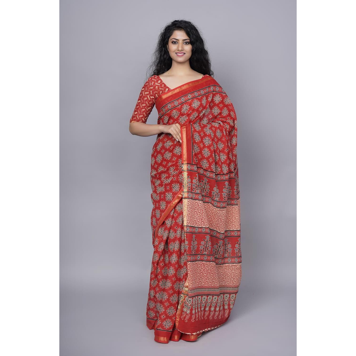 JALTHER Handicrafts Womens Ikat Hand Block Print Jaipuri Cotton Mulmul Saree Zari Border with Blouse Piece_Red_19