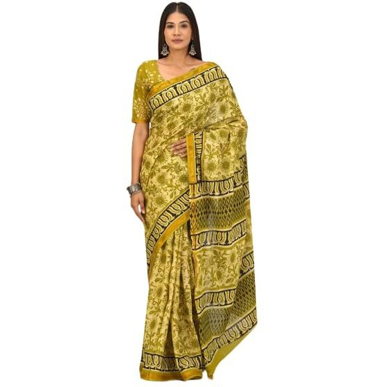 JALTHER Handicrafts Womens Ikat Hand Block Print Jaipuri Cotton Mulmul Saree Zari Border with Blouse Piece_Mehendhi_32