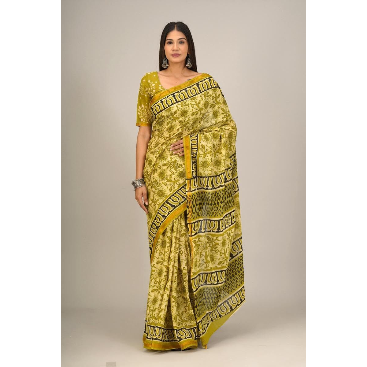 JALTHER Handicrafts Womens Ikat Hand Block Print Jaipuri Cotton Mulmul Saree Zari Border with Blouse Piece_Mehendhi_32