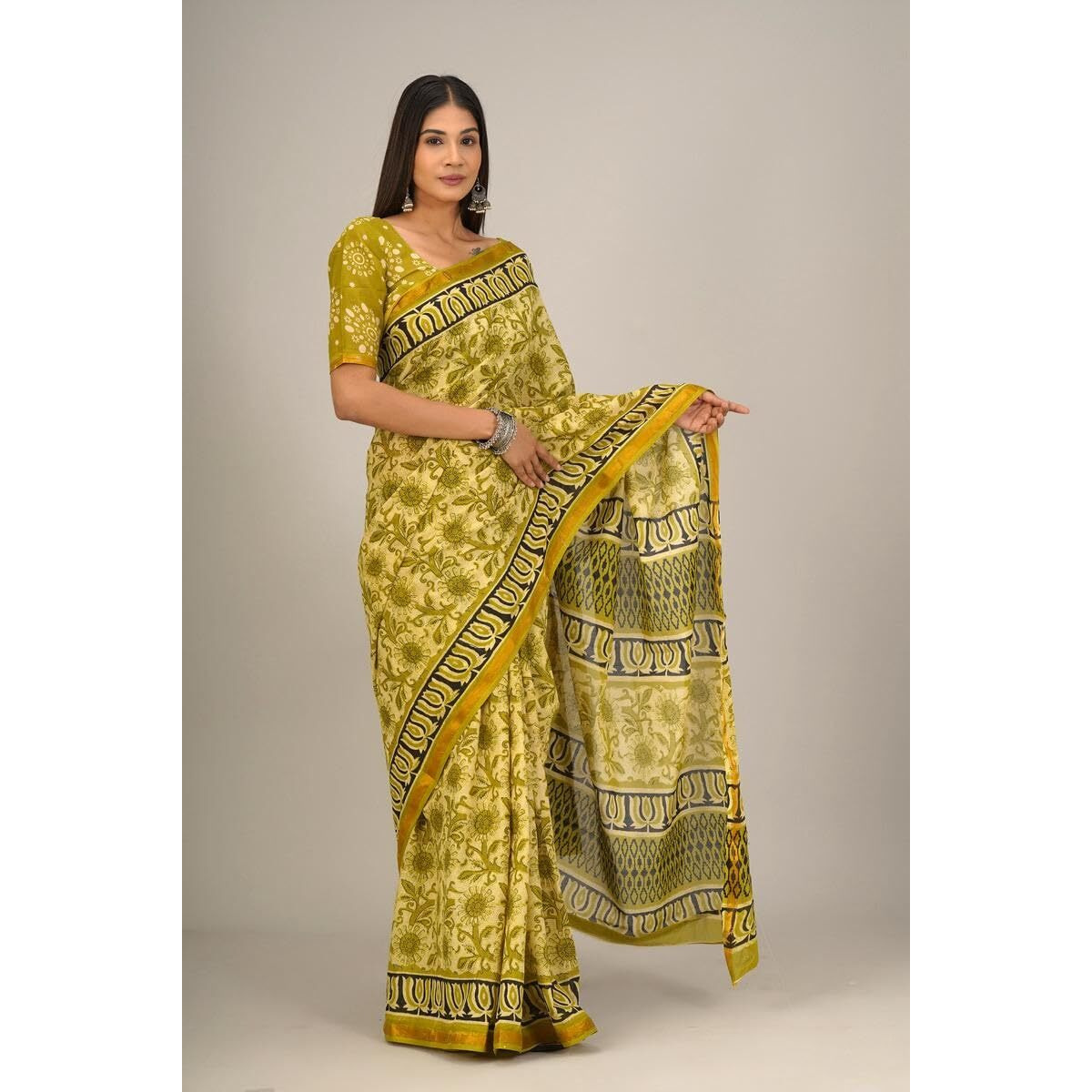 JALTHER Handicrafts Womens Ikat Hand Block Print Jaipuri Cotton Mulmul Saree Zari Border with Blouse Piece_Mehendhi_32