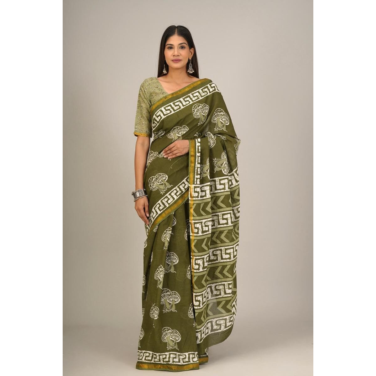 JALTHER Handicrafts Womens Ikat Hand Block Print Jaipuri Cotton Mulmul Saree Zari Border with Blouse Piece_Green_33