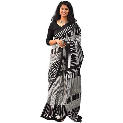 JALTHER Handicrafts Womens Ikat Hand Block Print Jaipuri Cotton Mulmul Saree with Blouse Piece Black_White