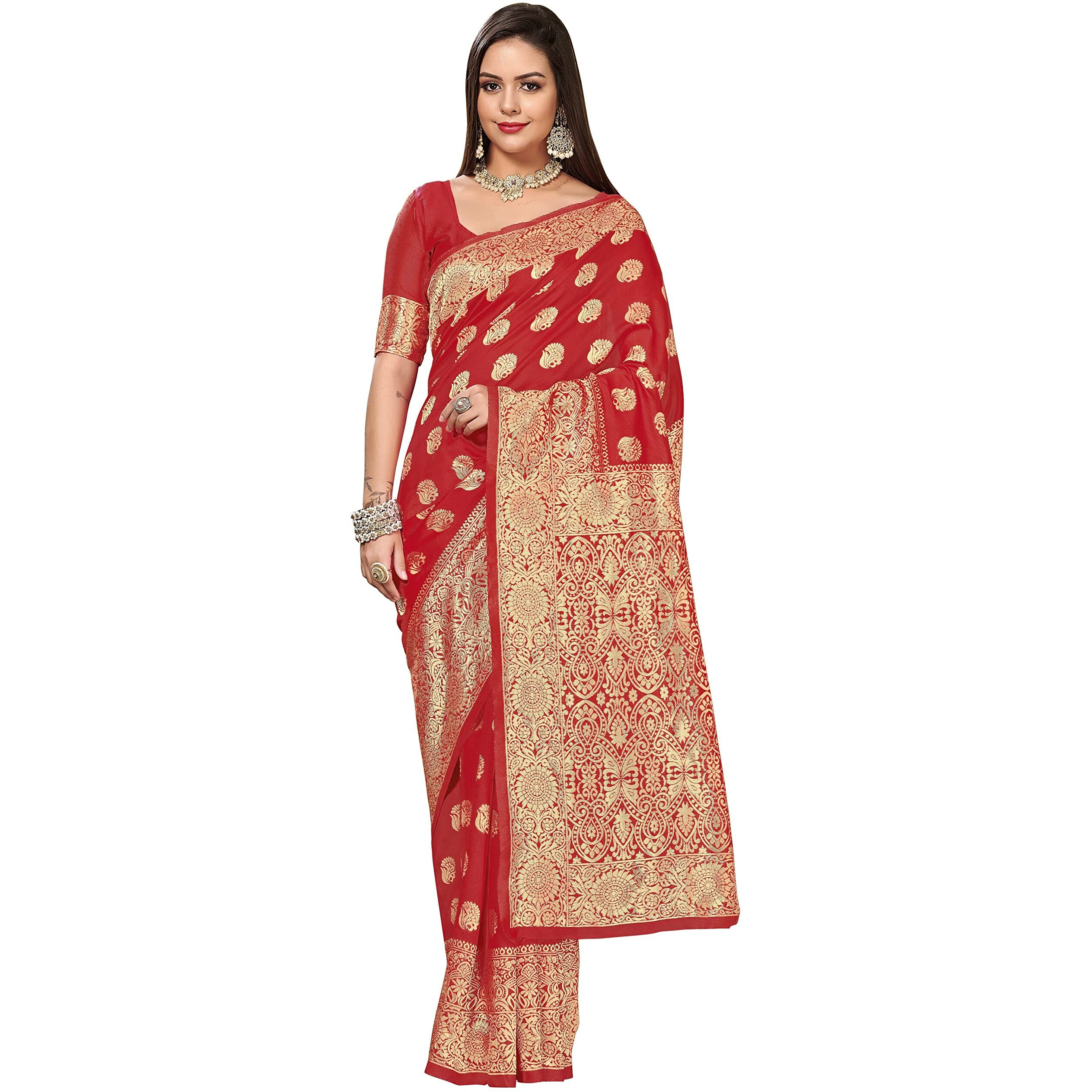 Glory Sarees Womens Banarasi Silk Saree With Blouse Piece (Banarasi_Saree131_Red)