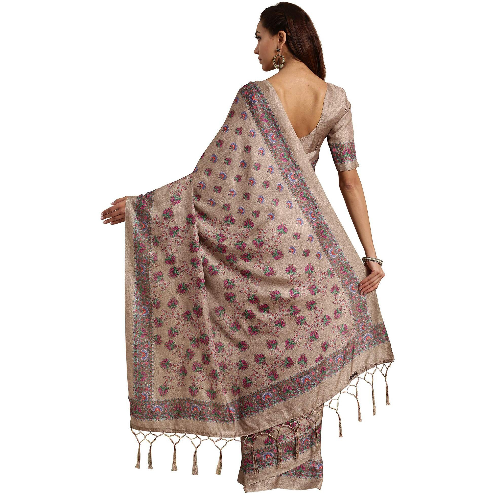 AKHILAM Womens Pashmina silk Saree with Unstitched Blouse Piece (Free size_Beige_3KSMRA20252)