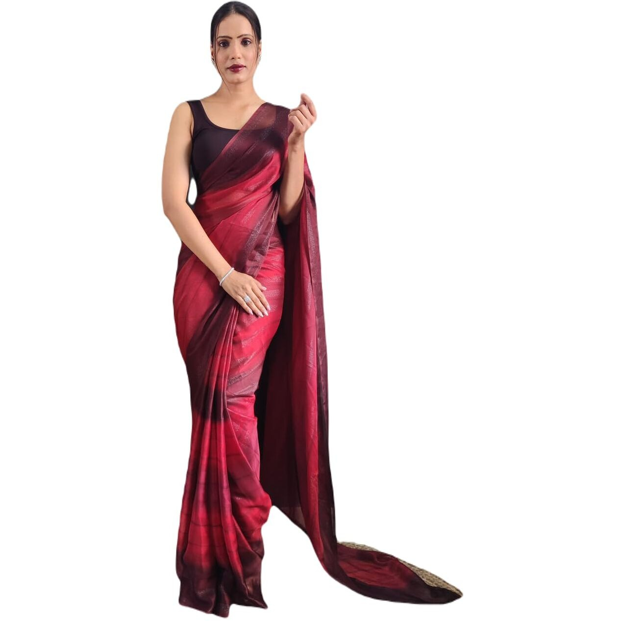 Sidhidata Womens Georgette Ready To Wear one Minute Saree With Unstitched Blouse Piece (RimJhim Maroon_Maroon_Free Size)