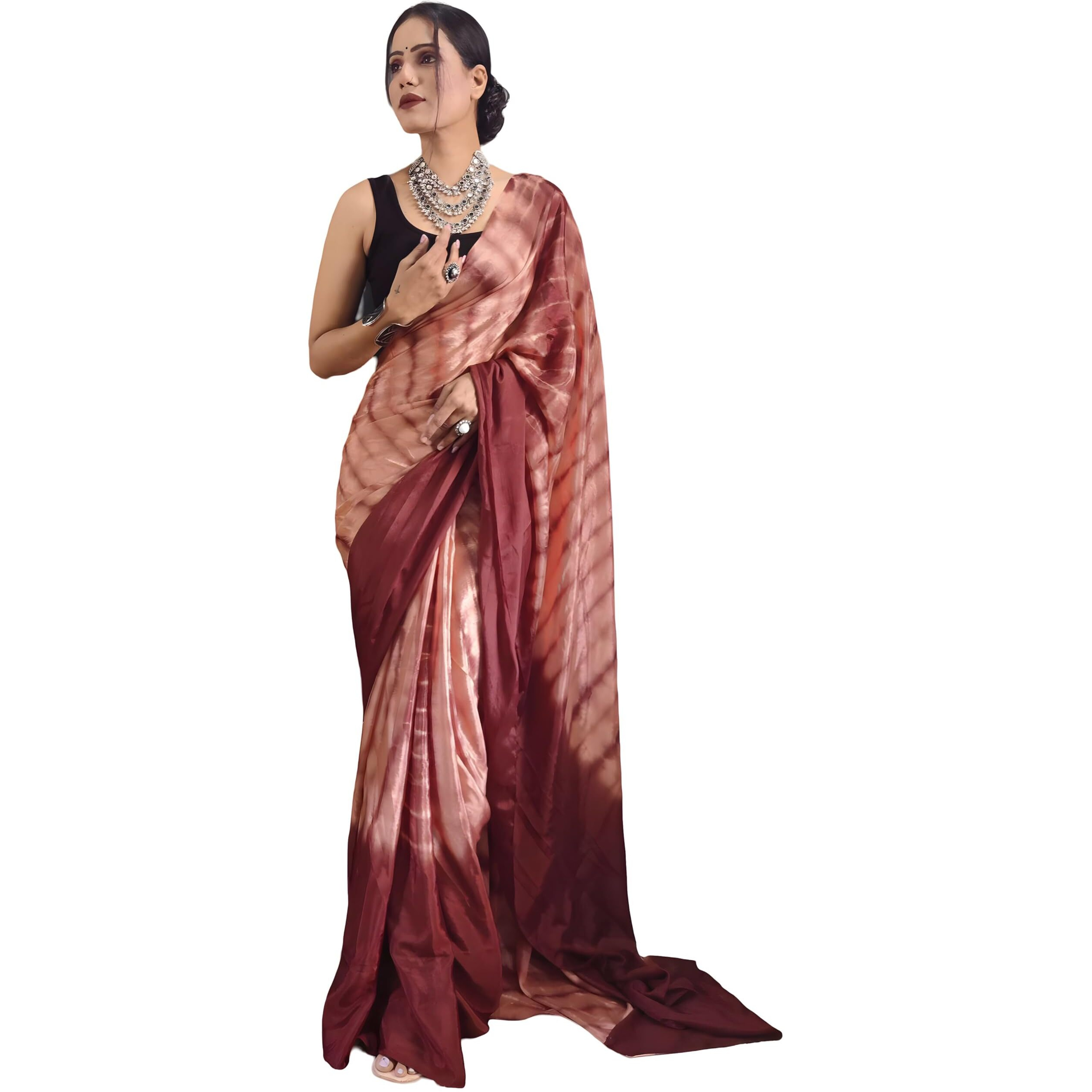 Sidhidata Womens Chinon Prizma Printed Ready To Wear one Minute Saree With Unstitched Blouse Piece (Prizma Rust_Rust_Free Size)