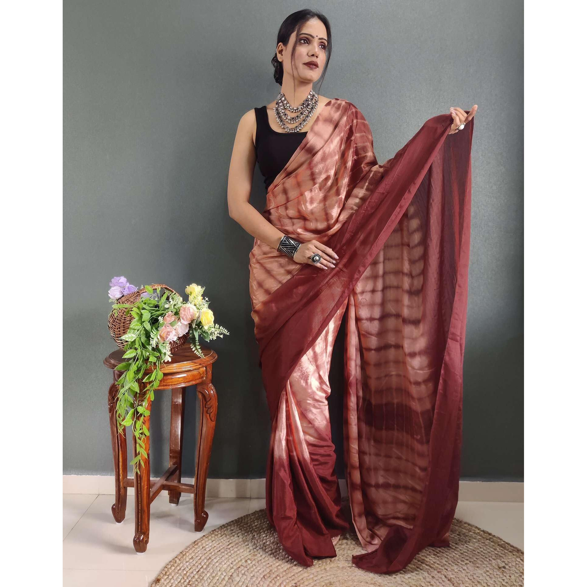 Sidhidata Womens Chinon Prizma Printed Ready To Wear one Minute Saree With Unstitched Blouse Piece (Prizma Rust_Rust_Free Size)