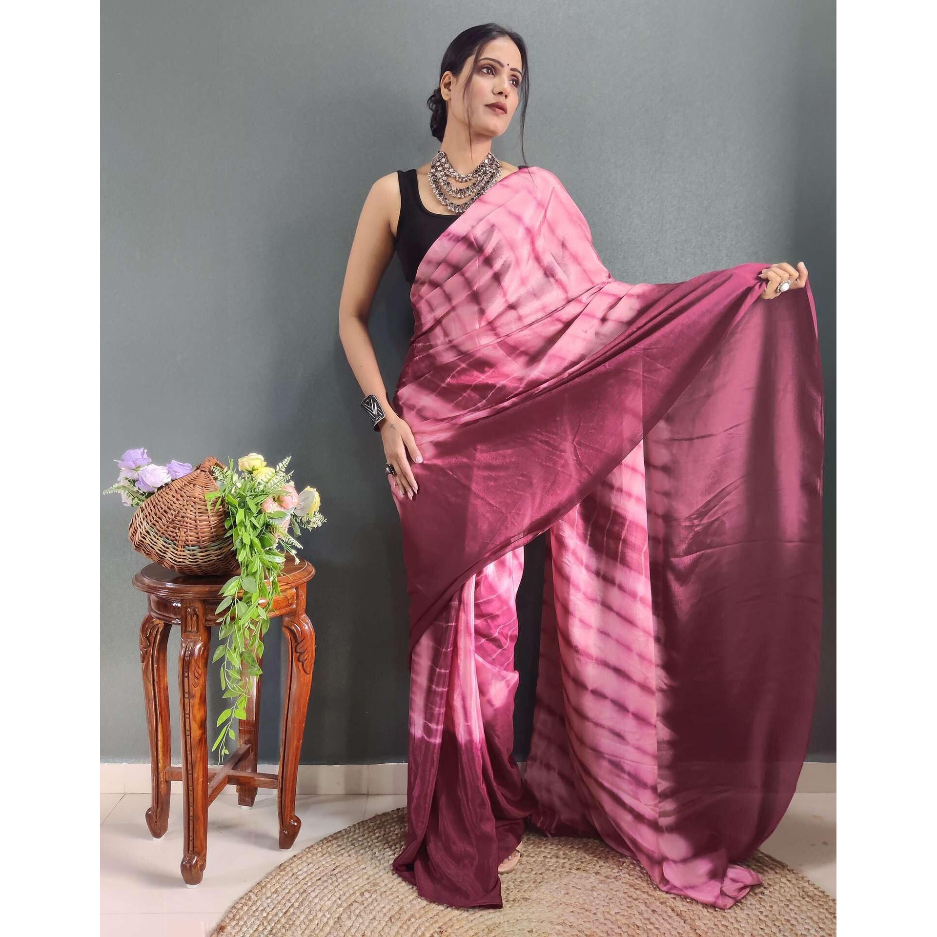 Sidhidata Womens Chinon Prizma Printed Ready To Wear one Minute Saree With Unstitched Blouse Piece (Prizma Maroon_Maroon_Free Size)