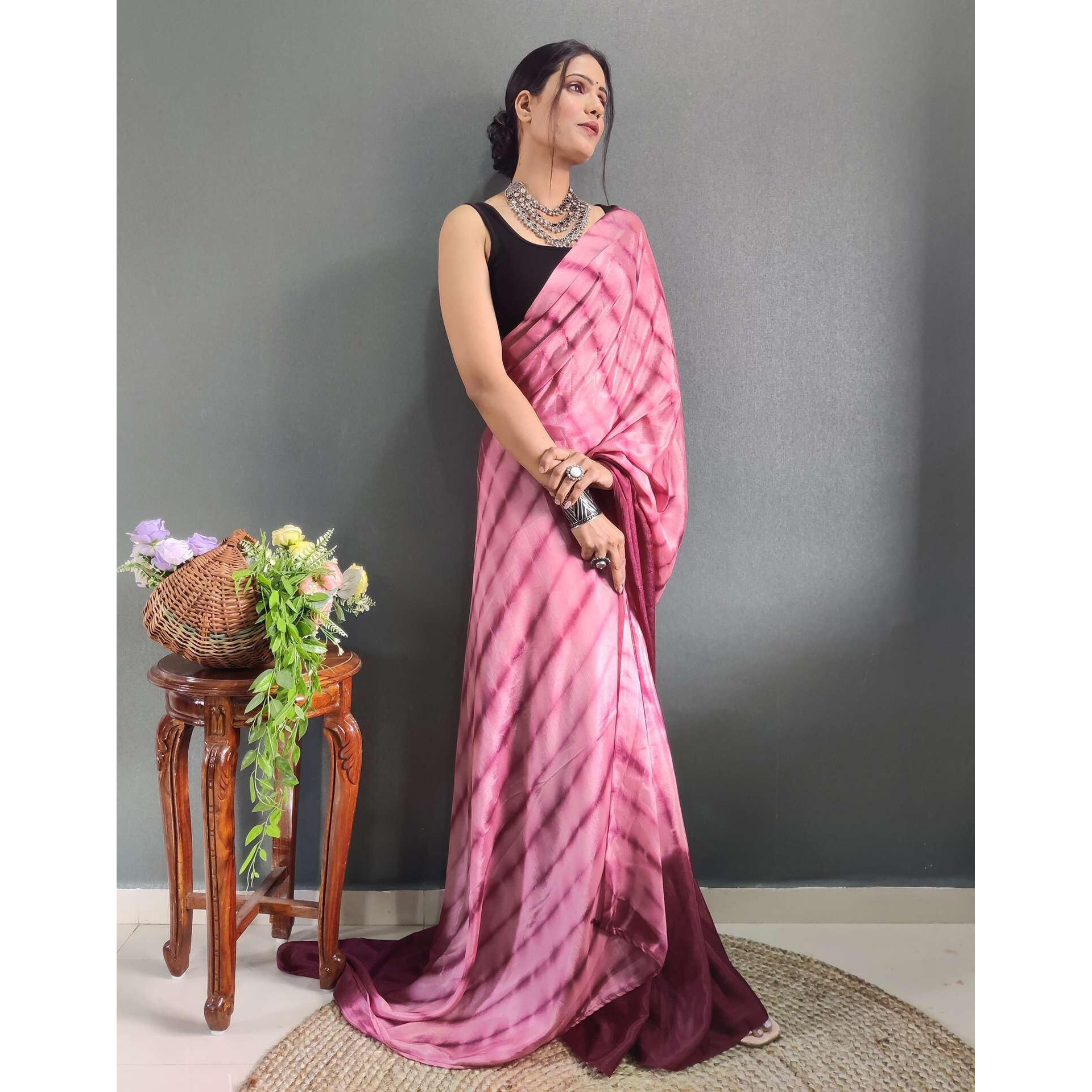 Sidhidata Womens Chinon Prizma Printed Ready To Wear one Minute Saree With Unstitched Blouse Piece (Prizma Maroon_Maroon_Free Size)