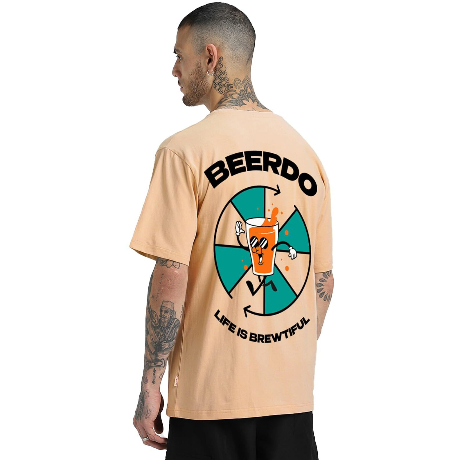 Veirdo Pure Cotton Oversized Baggy Fit Cool Beerdo Graphic Printed Beige T-Shirt for Men/Boys (OS_V_BEERDO_BG_XXL)