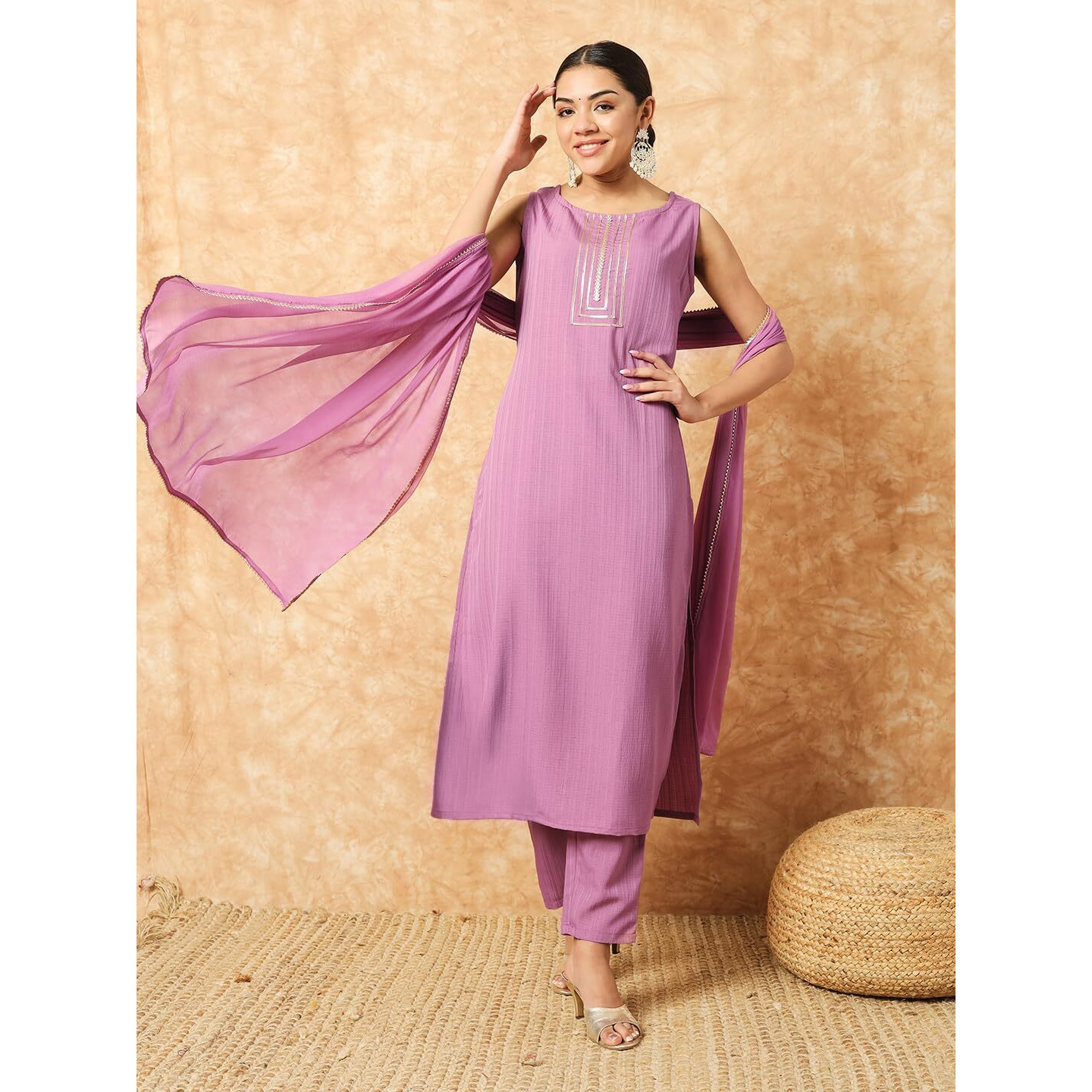 Womens Purple Silk Blend Embroidered Straight Kurta with Silk Blend Pant and Nazneen Laced Dupatta Sets (NX-P-473-Purple-L)