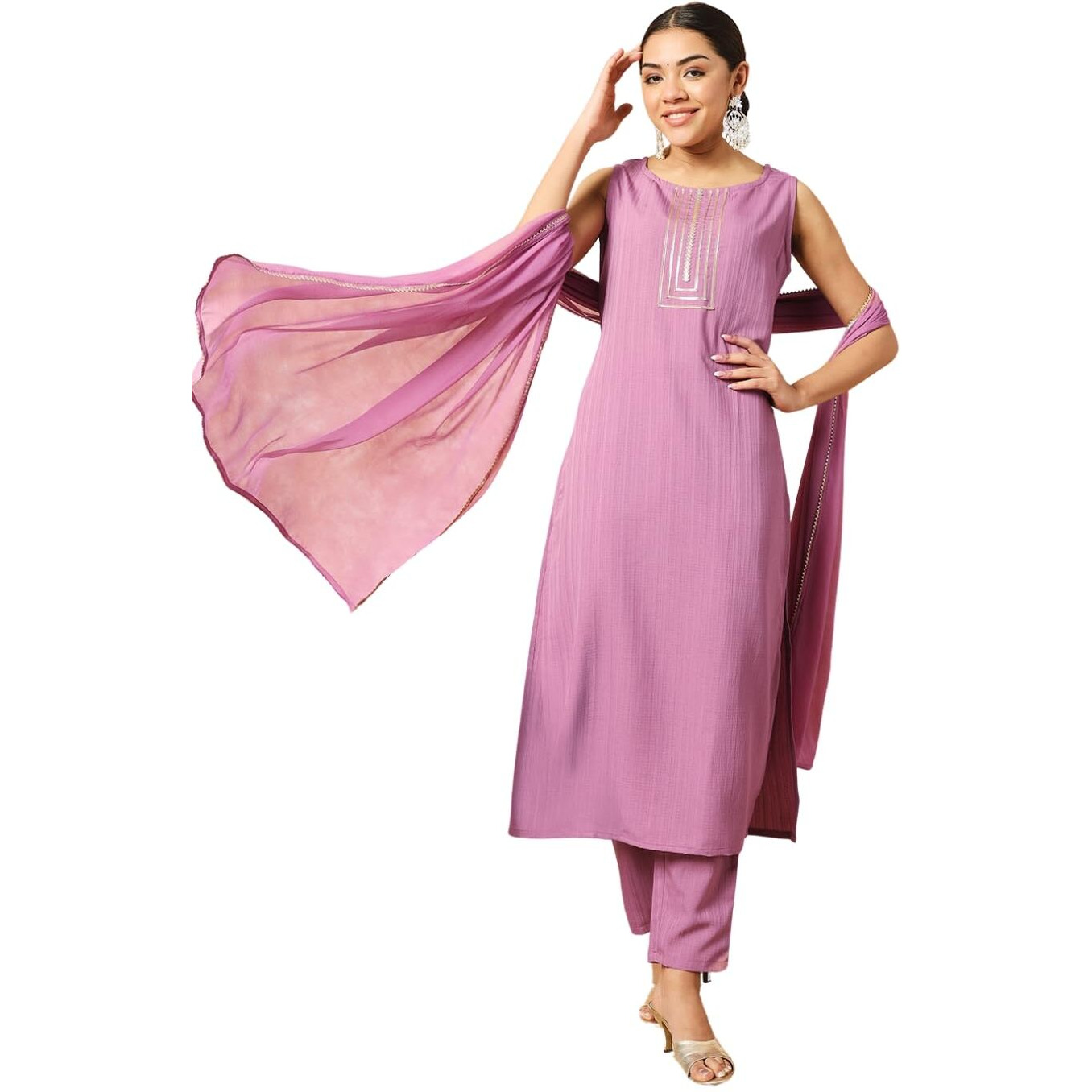 Womens Purple Silk Blend Embroidered Straight Kurta with Silk Blend Pant and Nazneen Laced Dupatta Sets (NX-P-473-Purple-XXL)
