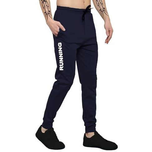LookMark Mens Solid Lycra Blend Lounge Wear Trendy Track Pant with Pockets Ideal for Night Day or Casual Wear (AZ-LM-OG-Trackpant 06 Navy Blue-S)