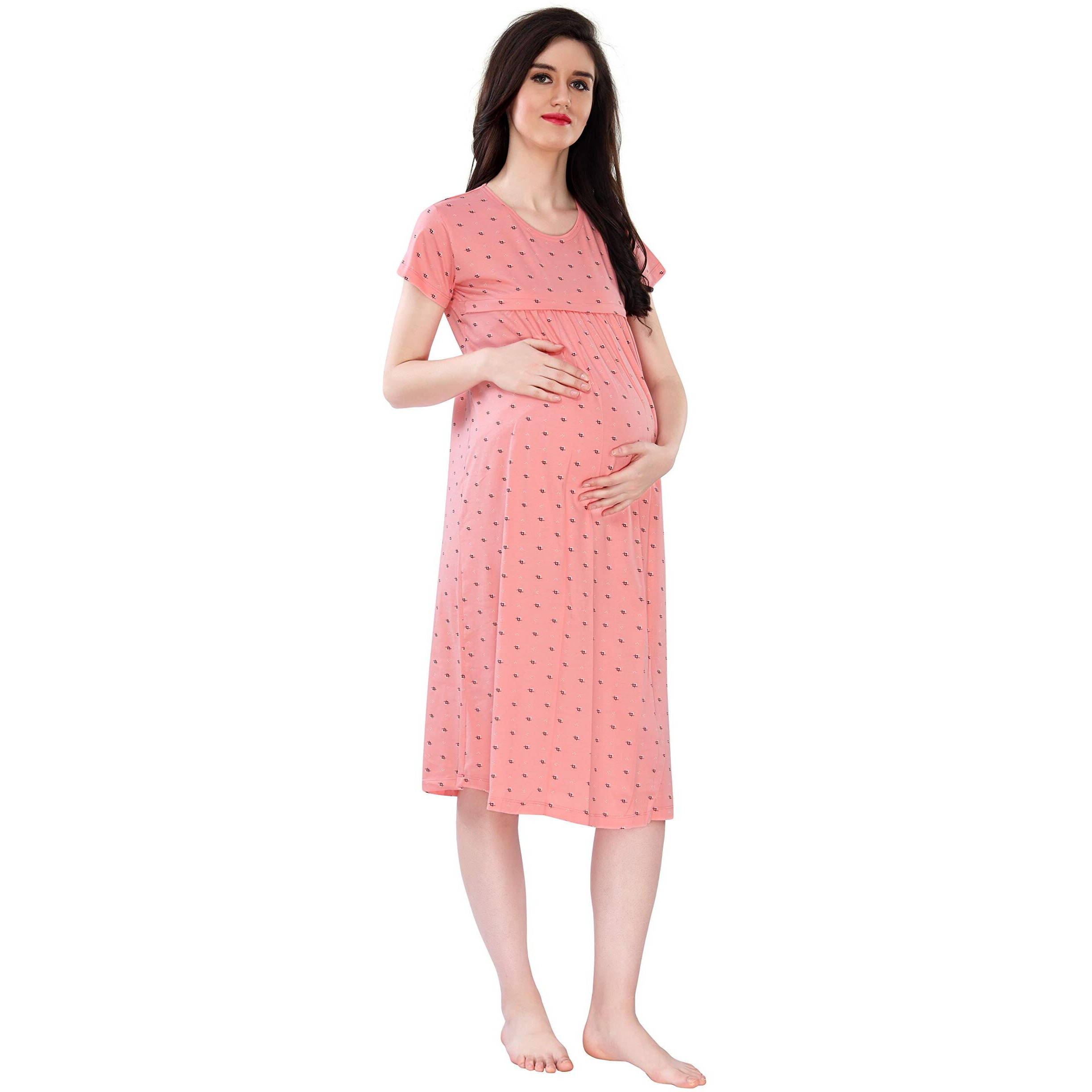 AV2 Womens Cotton Printed Knee Length Maternity Feeding Nighty (Peach Large)