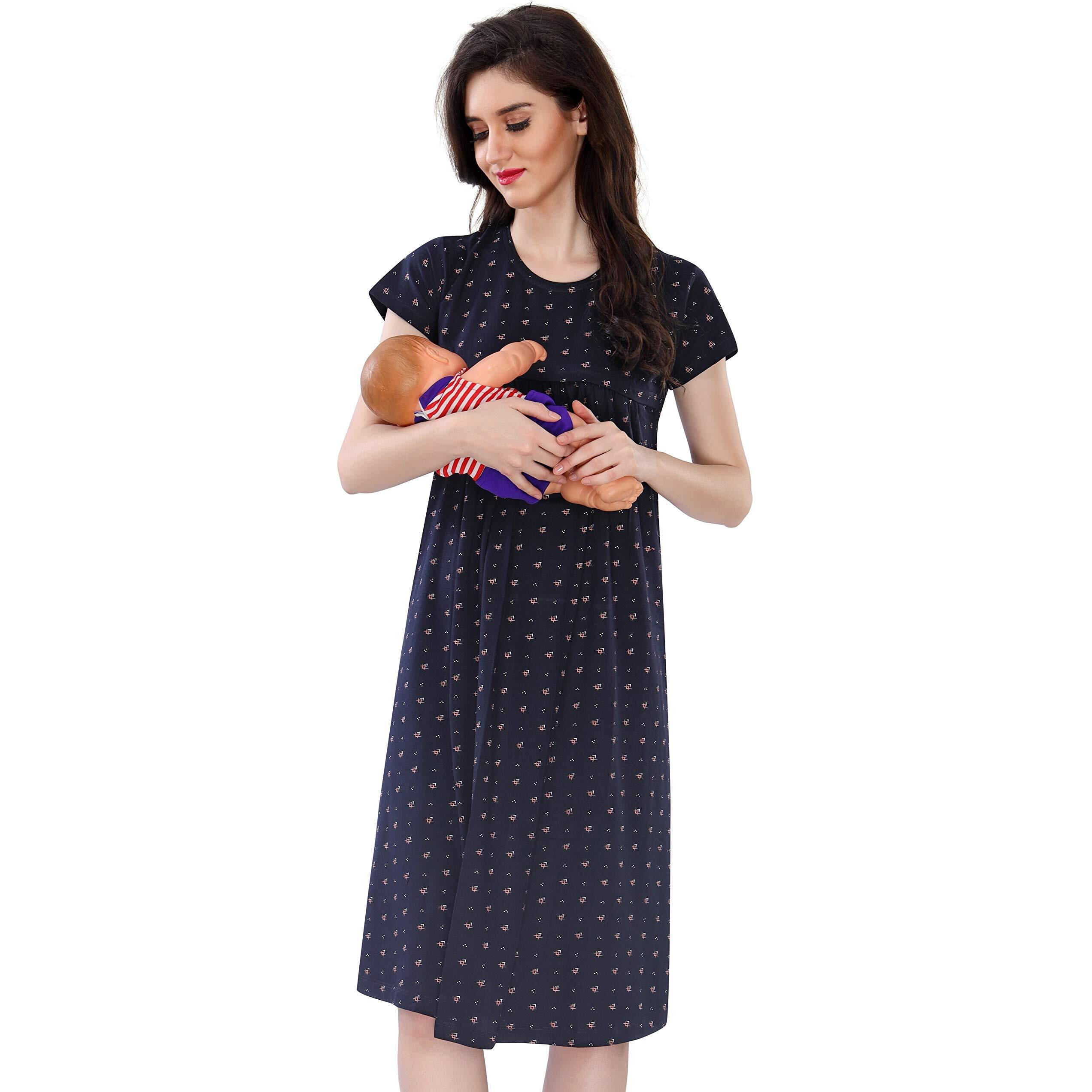 AV2 Womens Cotton Floral Printed Maternity Knee Length Feeding Nighty (Navyblue Small)