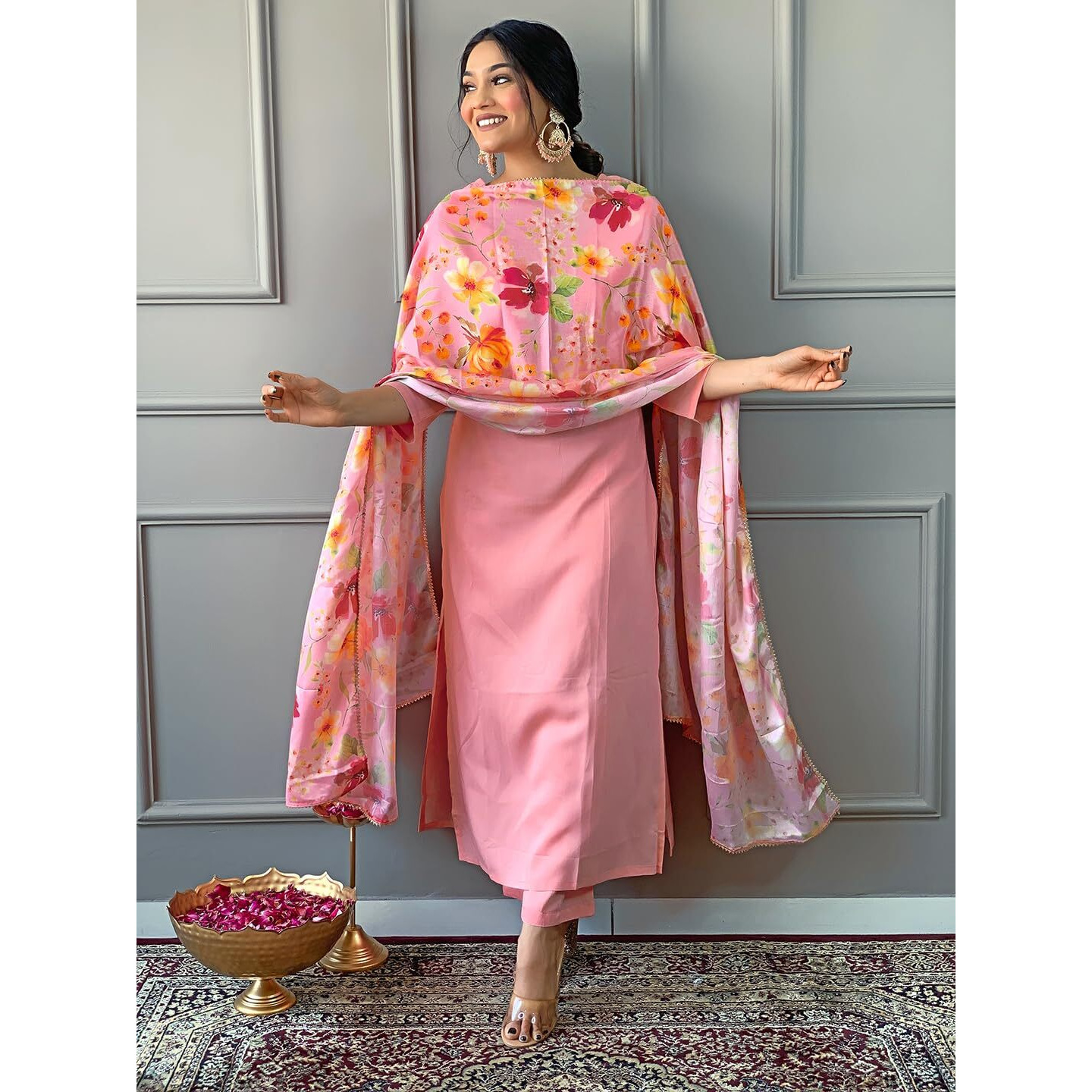 Naixa Womens Pink Rayon Blend Embroidered and Printed Straight Kurta with Rayon Blend Pant and Chinon Printed Dupatta Sets (NX-508-Pink-M)