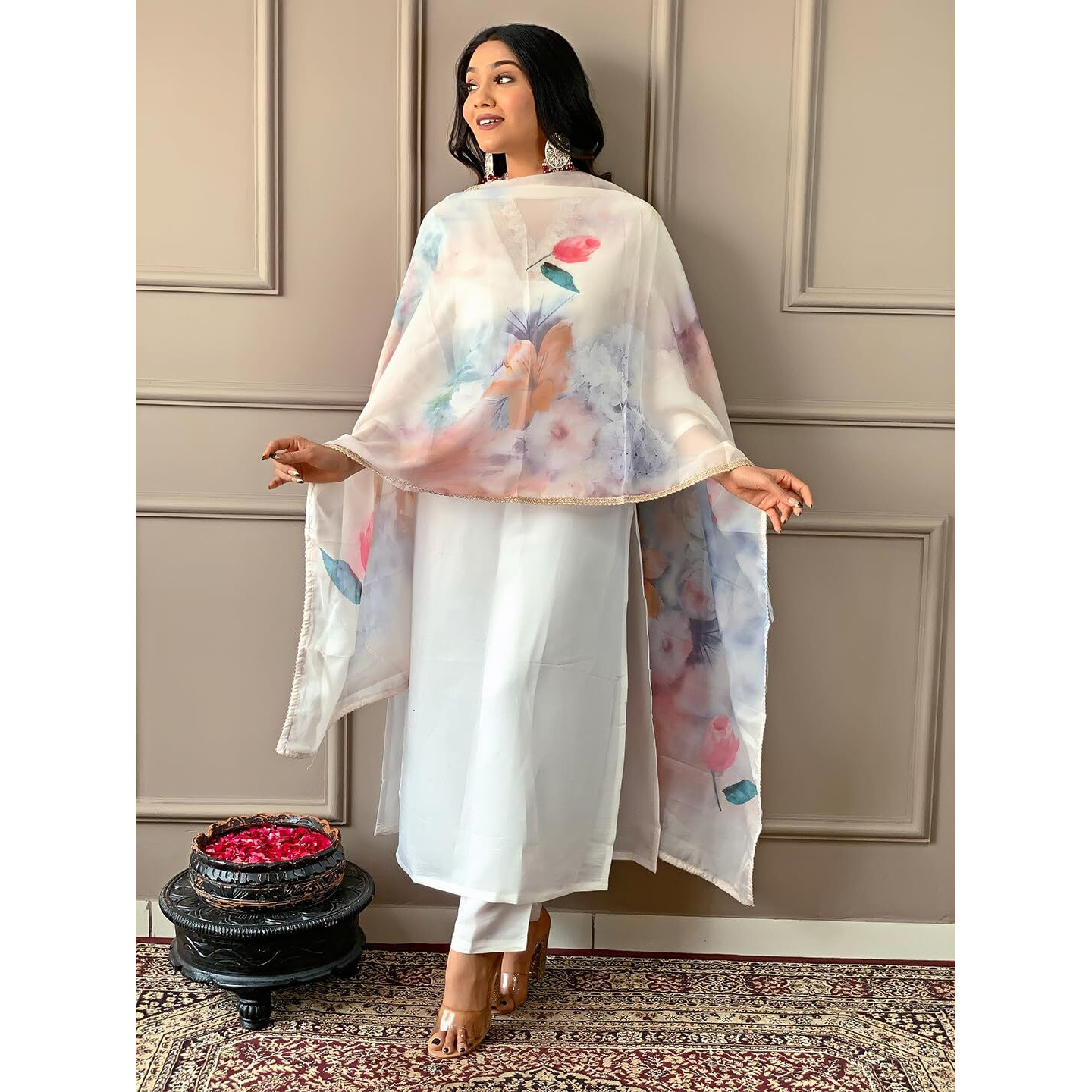 Naixa Womens Offwhite Rayon Blend Embroidered Straight Kurta with Rayon Blend Pant and Organza Printed Dupatta Sets (NX-502-Offwhite-XS)