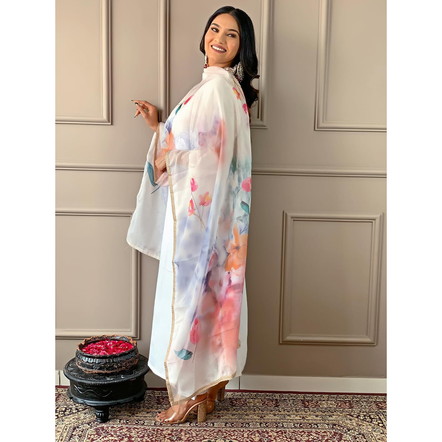 Naixa Womens Offwhite Rayon Blend Embroidered Straight Kurta with Rayon Blend Pant and Organza Printed Dupatta Sets (NX-502-Offwhite-XS)