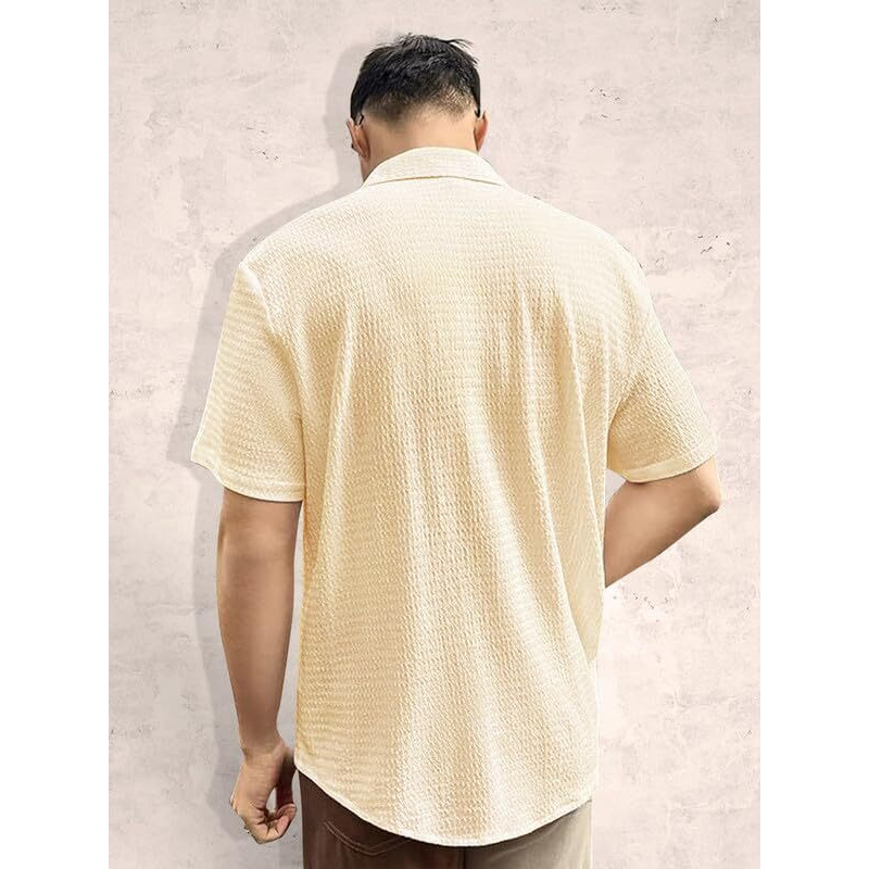 Tee Projekt Mens Popcorn Shirt Texture Pattern Mens Casual Shirt Half Sleeves Goa Beach Summer Shirt Beige
