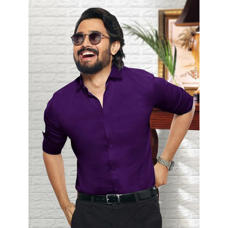 Pinkmint Casual Shirt for Men Stylish Mens Shirt Soild Regular Fit Long Sleeve Formal Wear Purple