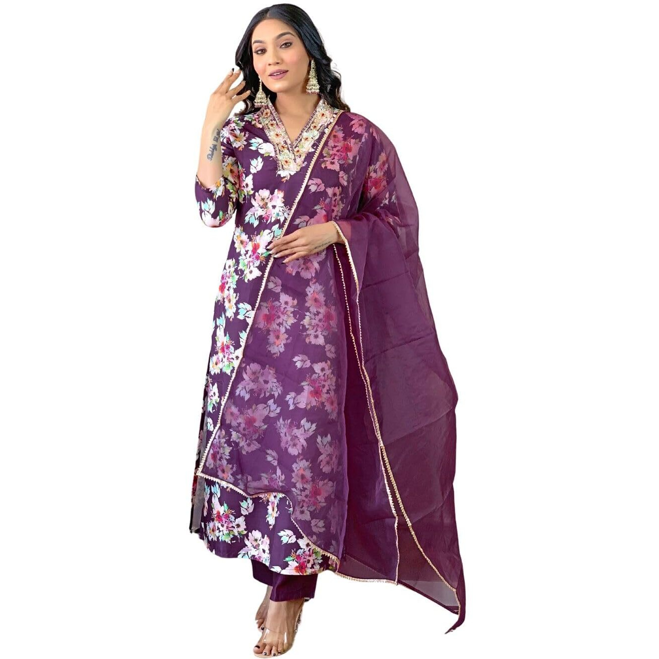 Naixa Womens Wine Rayon Blend Embroidered and Printed Straight Kurta with Rayon Blend Pant and Organza Dyed Dupatta Sets (NX-507-Wine-XXL)