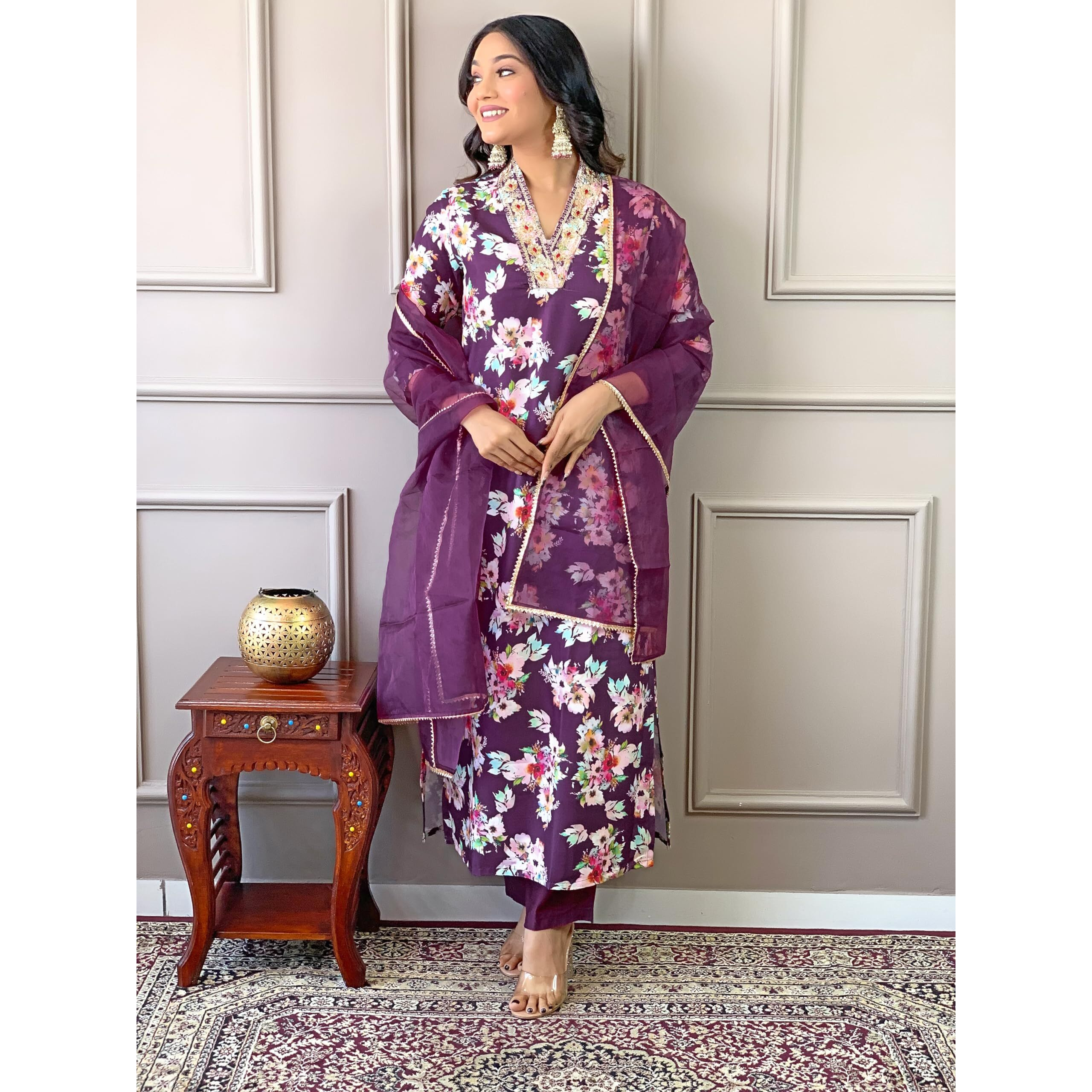 Naixa Womens Wine Rayon Blend Embroidered and Printed Straight Kurta with Rayon Blend Pant and Organza Dyed Dupatta Sets (NX-507-Wine-XXL)