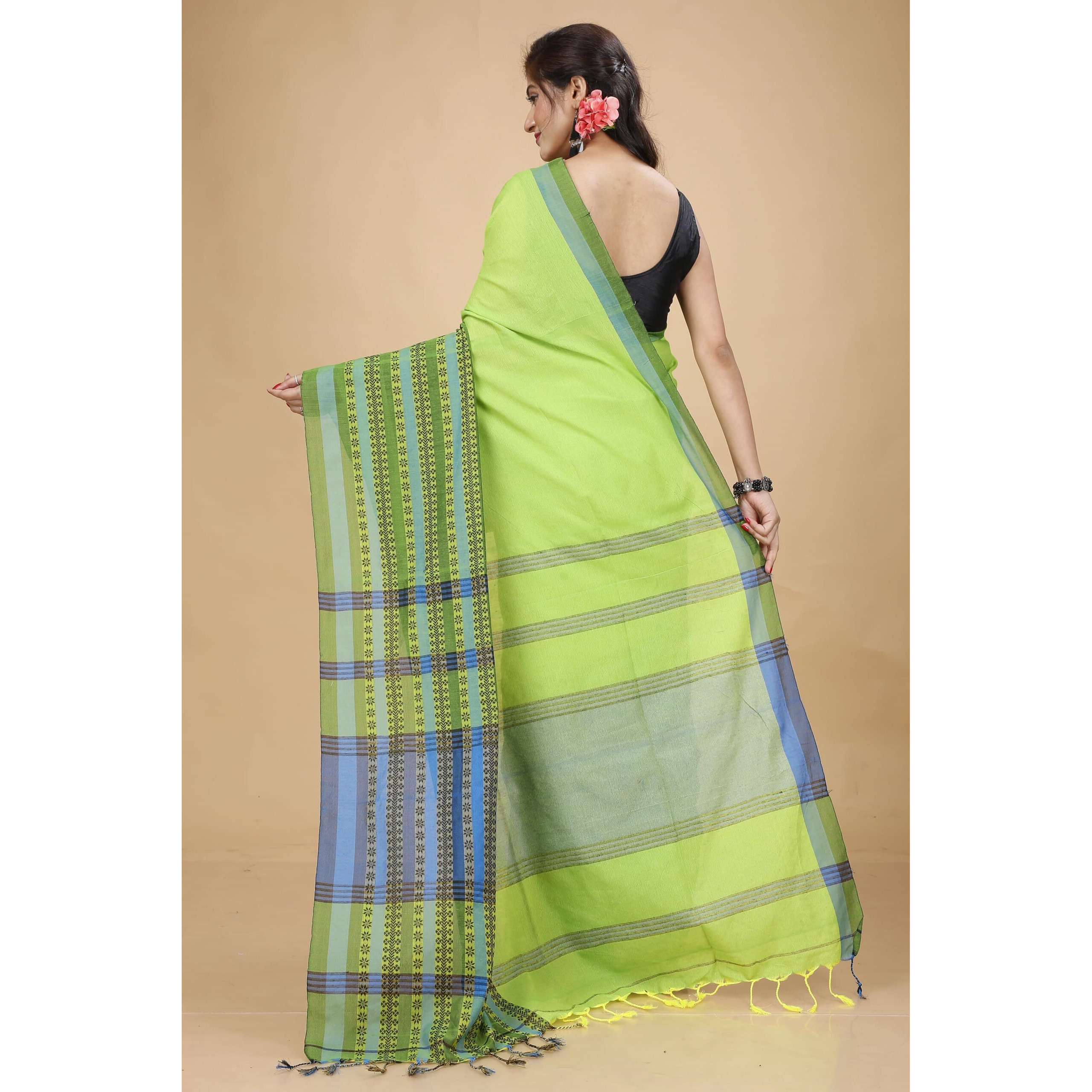 Laxmi Handloom Womens Traditional Bengal Handloom Begampuri Cotton Saree (Parrot Green)